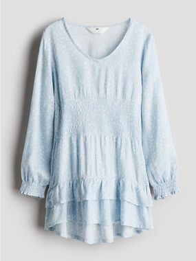 H&M Girls Light Blue Smocked Tiered Floral Flounce Hem Tunic Dress Kids Size 14